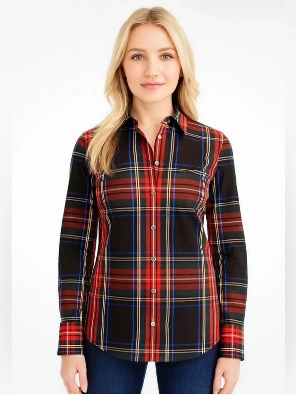 J. Crew Red, Black and Blue Plaid Button-Down Shirt, Sz 6 Tall, Like New